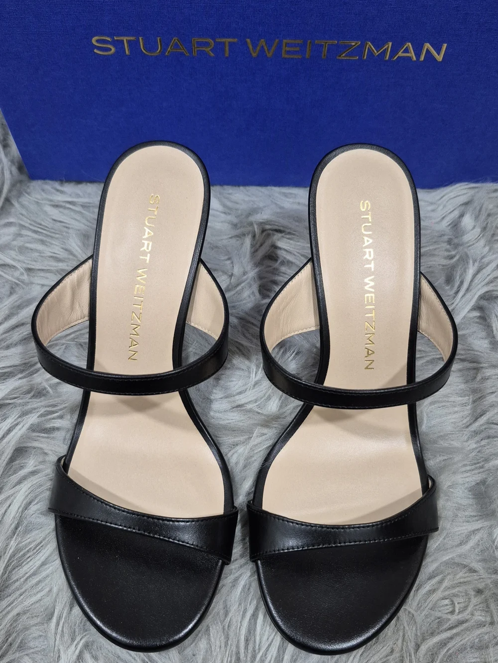 STUART WEITZMAM Nudist Slide 85 Black Suede Strappy High-Heel Sandals Size 7.5B
